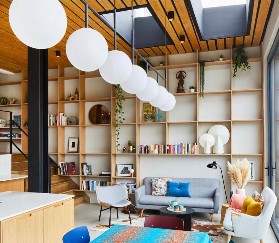 Arundel project, double height living space with a timber slat ceiling