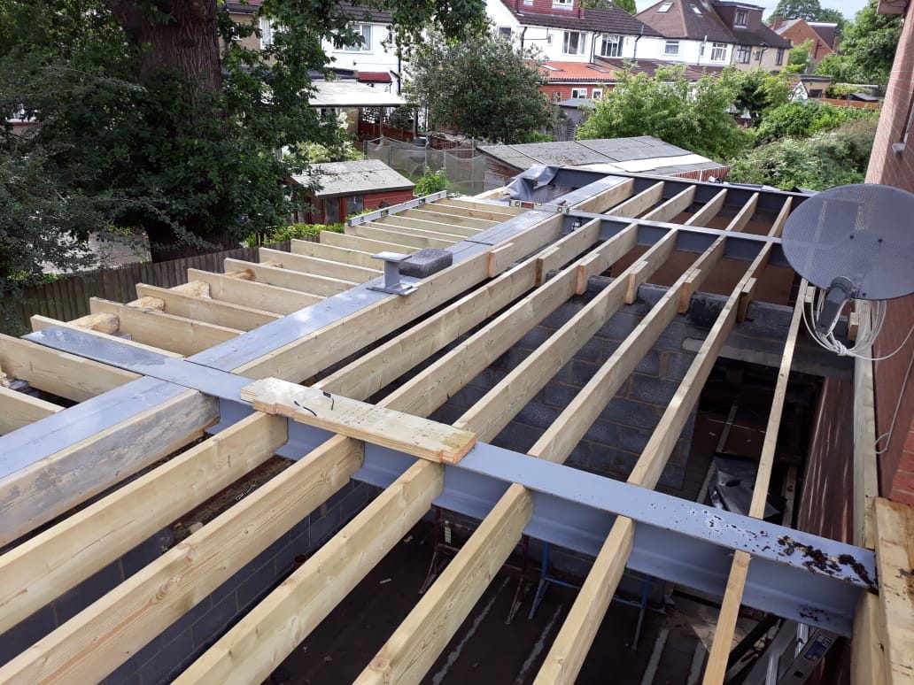 Flat roof joists during construction