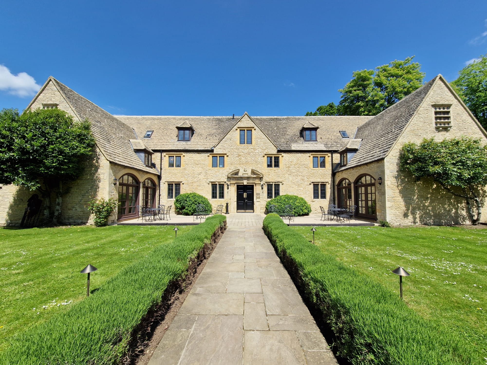 Weston Manor Hotel, Oxfordshire, stone frontage and lawns, refurbished by C A Pavel Ltd