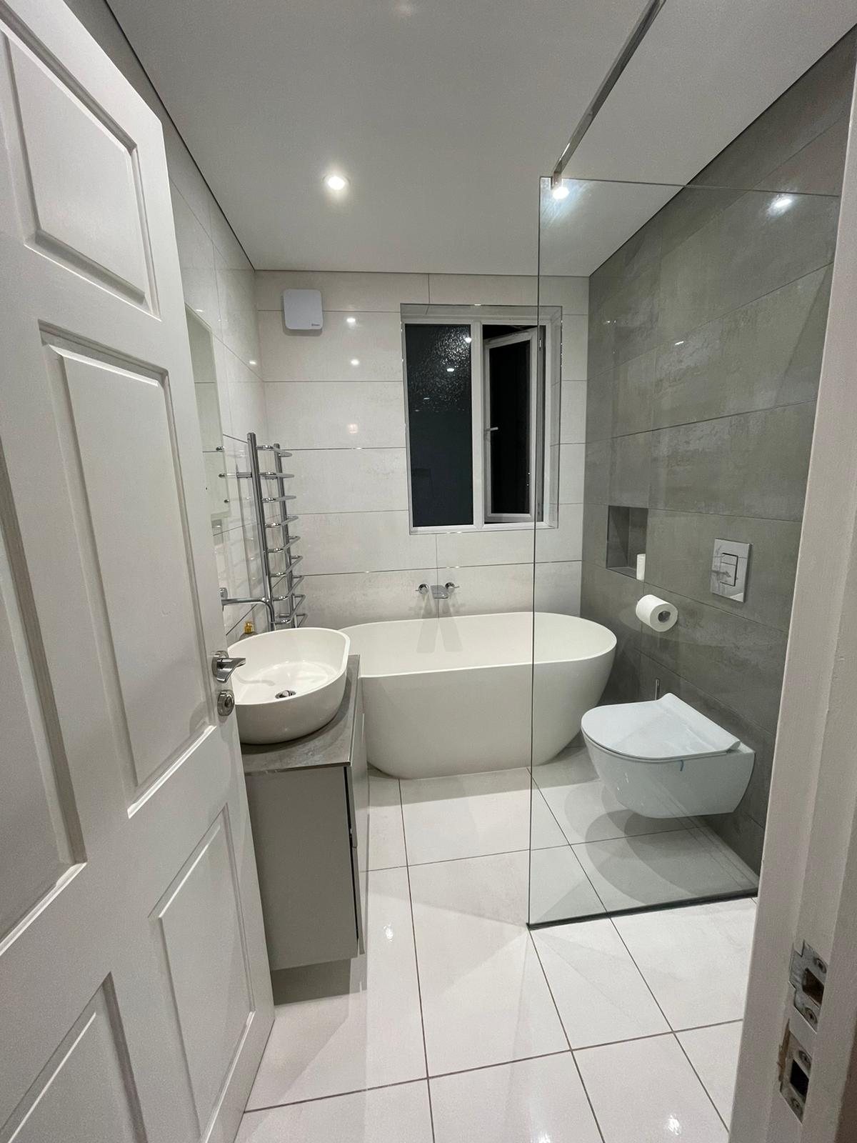 57 Windemeer Road, bathroom with a freestanding bath and walk-in shower